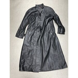 Vintage Black Leather Trench Coat Women Size L Good Longline Matrix Goth
